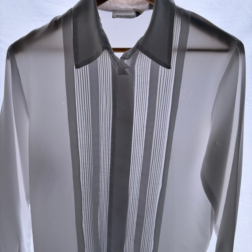 Vintage y2k sheer White Pintuck Pleated Long Sleeve  collared button up shirt